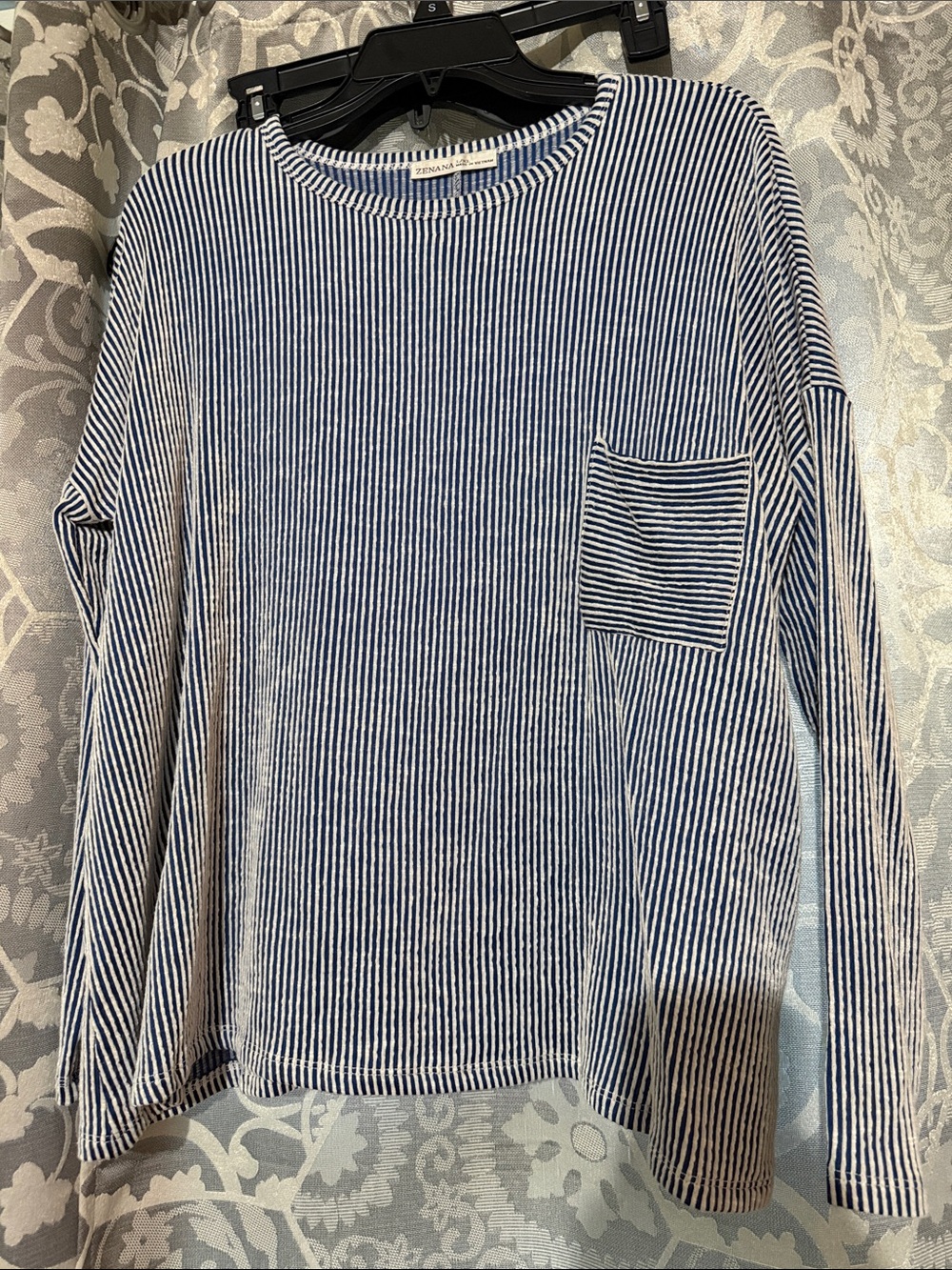 NWOT Zenana Navy and White Striped Long-Sleeve Pocket Tee